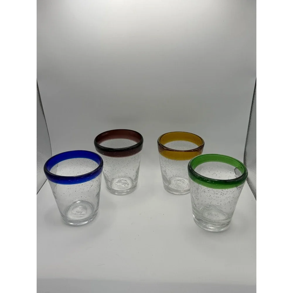 Mexican Bubble Glass Tumbler Glasses Set of 4 Multi Color Rim Seeded Hand Blown